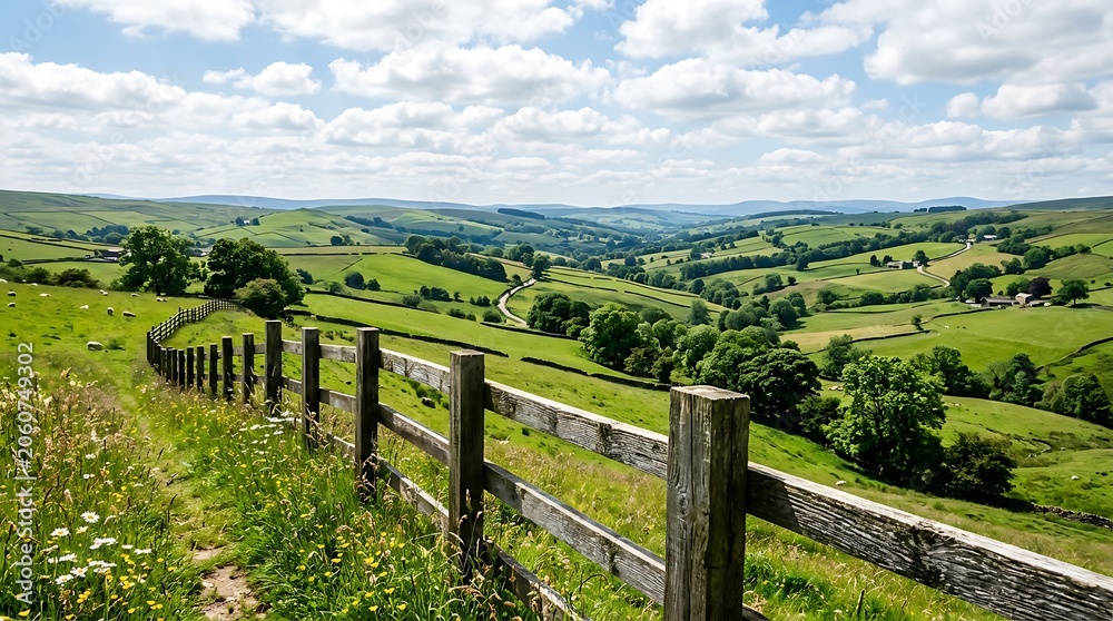 Fototapeta premium Rolling green hills with wooden fence under blue cloudy sky