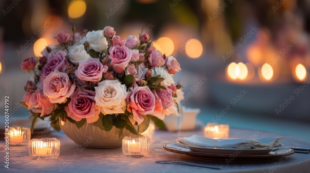 Obraz premium Elegant Rose Bouquet Centerpiece with Soft Candlelight Glow for Romantic Table Setting and Special Occasions in High-Quality Image