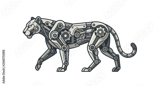 Photography Robotic panther with mechanical gears and metallic parts.