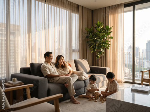 Happy Asian family relaxing in a modern sunlit living room