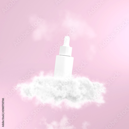 Cosmetic Serum Dropper Mockup Floating on Fluffy Cloud with Soft Pink Pastel Background