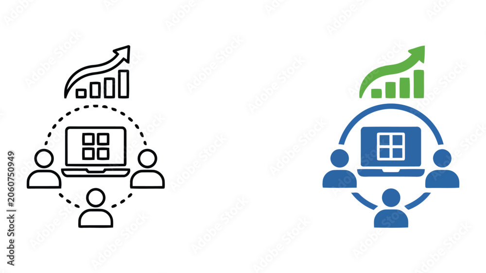 Obraz premium Digital teamwork collaboration concept with laptop and rising trend arrow vector illustration in line and solid icon design