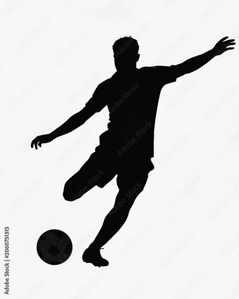 Obraz premium A black silhouette of a male soccer player in dynamic pose, kicking a soccer ball against a plain white background.