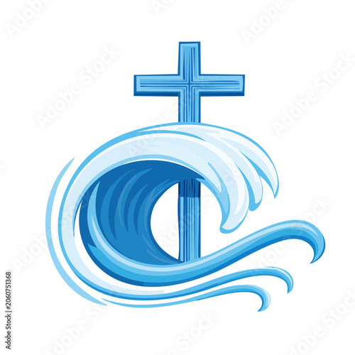 Christian Cross Emerging from Blue Wave