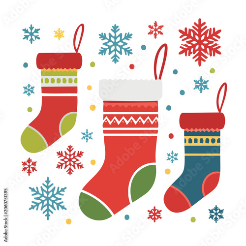 Christmas stockings and snowflakes flat design illustration