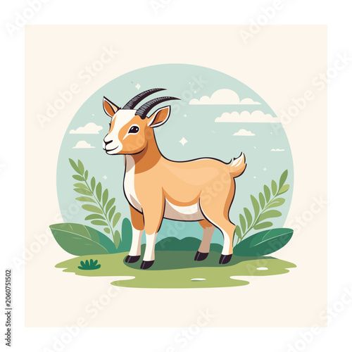 Cute cartoon goat standing in a field with plants and clouds