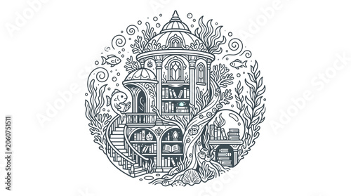 Obraz na plátne Circular illustration of a mystical tower with bookshelves.