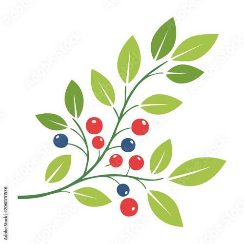 Flat design illustration of a berry branch with red and blue berries