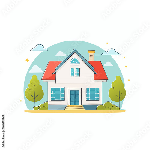 Flat design illustration of a suburban house with trees and clouds