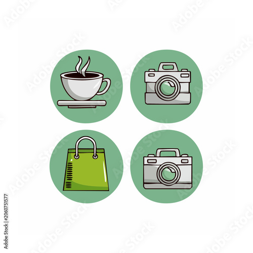 Flat design icons set with coffee, camera, and shopping bag