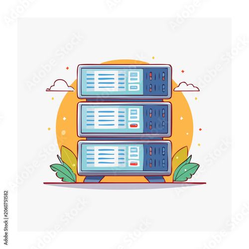 Flat design illustration of a server rack with clouds and plants