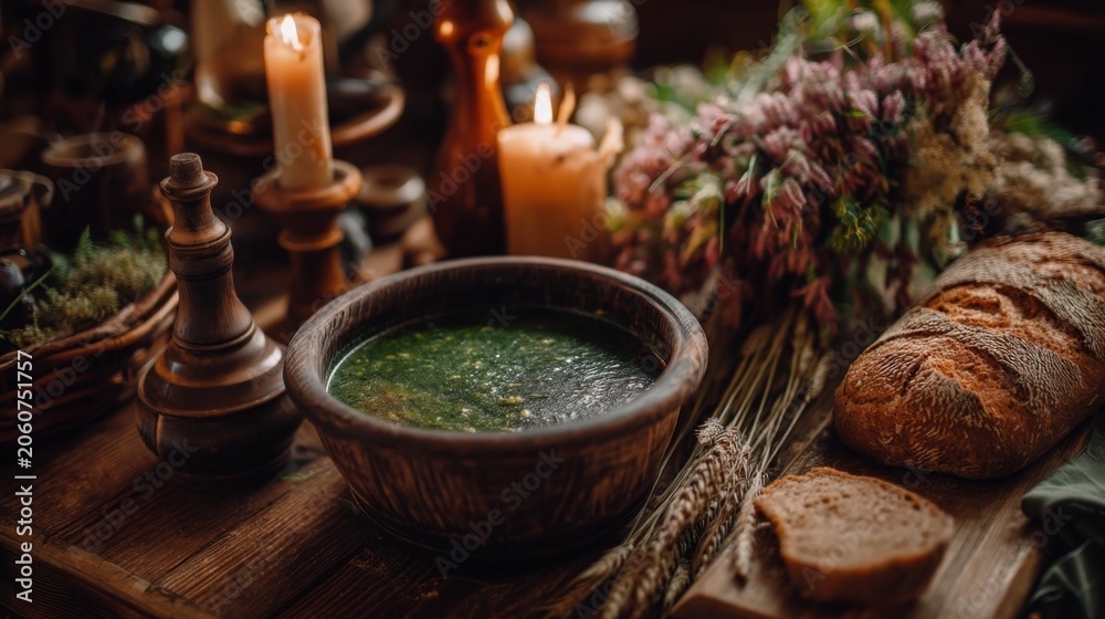 Fototapeta premium Rustic Kitchen Table with Bowl of Green Soup, Fresh Bread, Candles, and Dried Flowers in a Cozy Vintage Setting