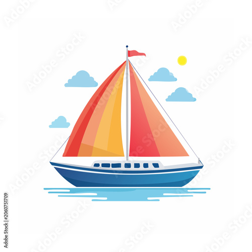 Flat design sailboat on the water with sun and clouds