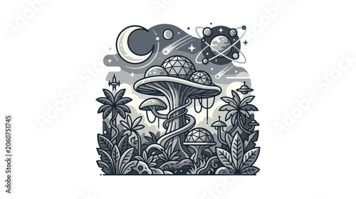 Fotografie Night landscape with cosmic mushroom and celestial bodies