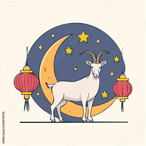 Goat Standing in Front of Crescent Moon with Lanterns and Stars