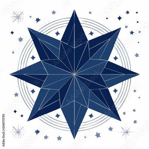 Geometric Blue Starburst with Stars and Concentric Circles
