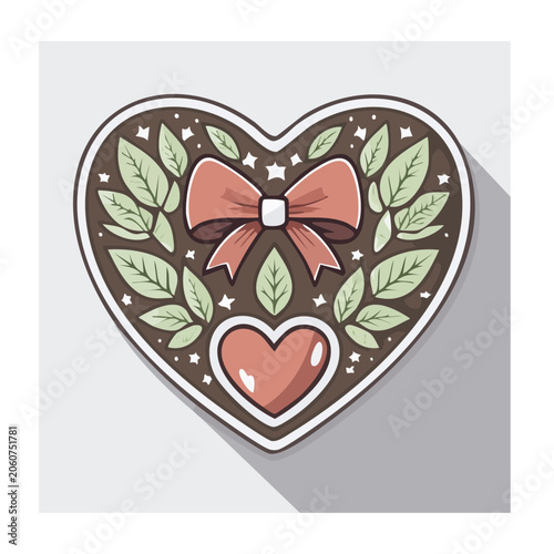 Heart with Bow and Leaves Flat Illustration