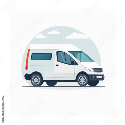 White delivery van illustration with clouds and sky background