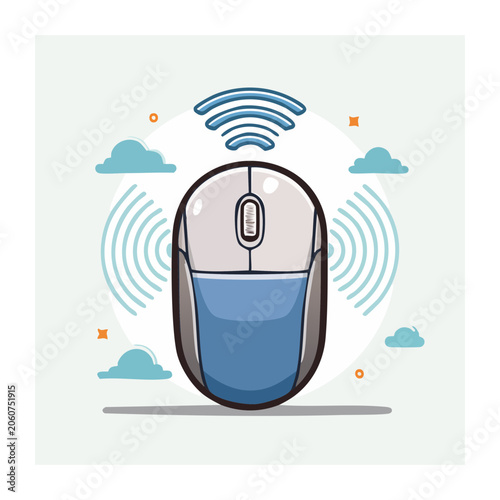 Wireless computer mouse with wifi signal and clouds illustration