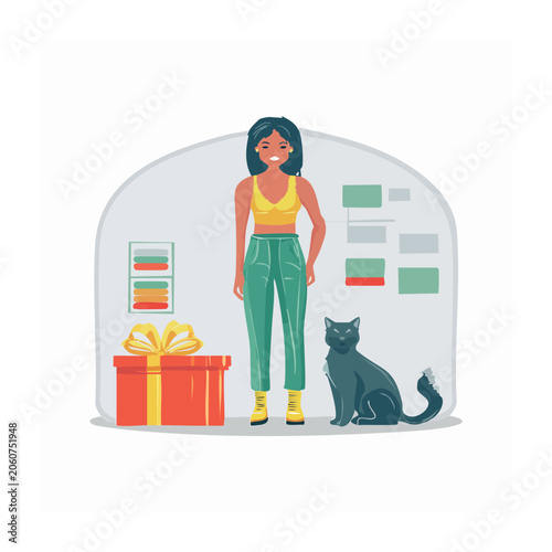 Woman with cat and gift box in flat design illustration