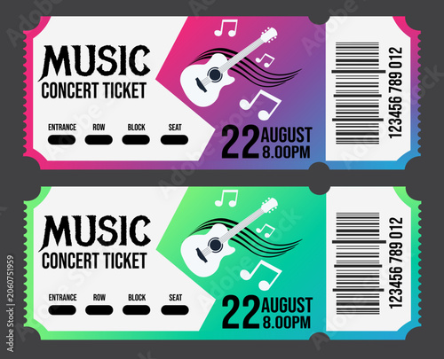 Photos Music concert tickets, colorful event passes, guitar festival entry stubs, vibra