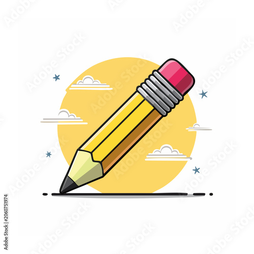 Yellow pencil drawing a line with clouds and sun in background