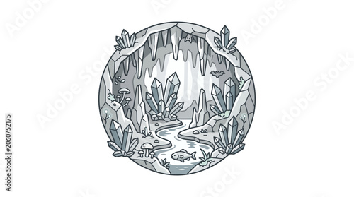 Foto Circular line art illustration of a crystal cave interior.
