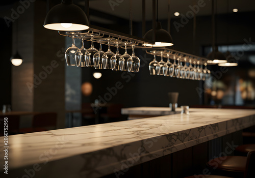 Marble bar counter with wine glasses