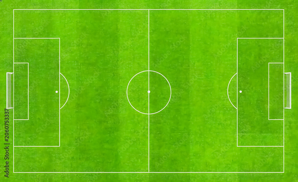 Obraz premium A top-down aerial view of a standard soccer field, complete with all official playing markings and goal areas.