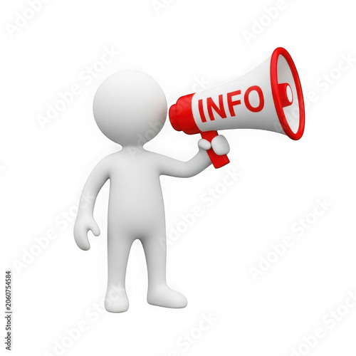 3d figure holding megaphone with info icon