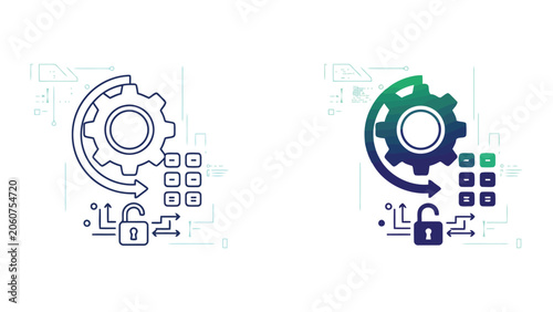 System configuration and unlocked gear access vector icon set featuring open padlock with gear cog and data flow arrows for administrative settings and unrestricted system management access