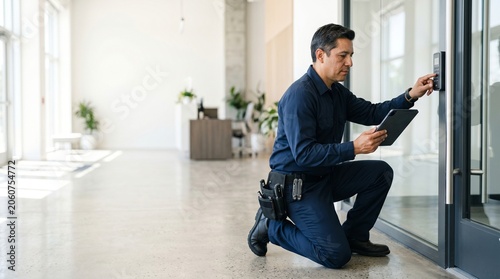 Professional Technician Kneeling at a Glass Door Keypad While Holding a Tablet in a Bright Modern Lobby. Access control installation and security system maintenance in a contemporary commercial