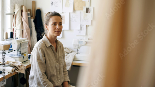 A professional female tailor looks thoughtfully while sitting in her bright workshop surrounded by sewing machines and fabrics. AI Generative.