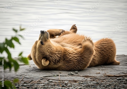 A brown bear lying on its back on a rocky shore
