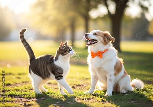 A friendly cat and a happy dog wearing a bow tie in a park
