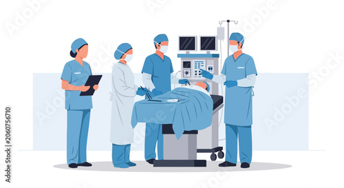 Surgical Team Operating on Patient in Operating Room, Medical Illustration