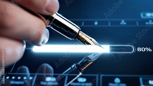 A hand holds a futuristic pen, interacting with a digital interface, progress bar at 80%