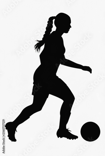 Black silhouette of a female athlete dribbling a soccer ball, showing dynamic sports movement.