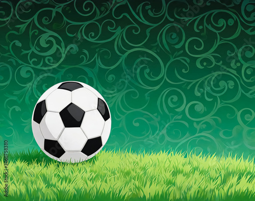 A traditional black and white soccer ball rests on lush grass against a decorative green patterned background.