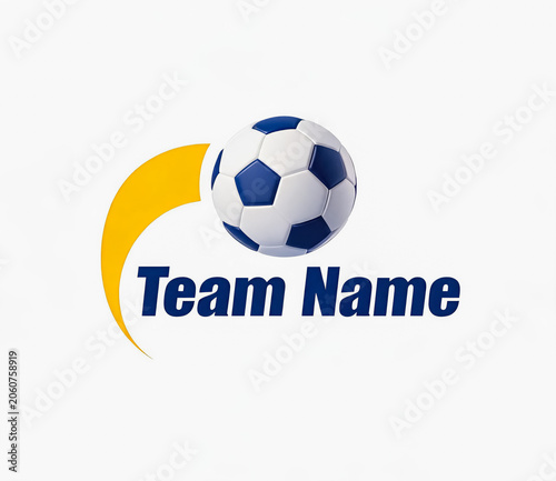 A clean professional soccer team logo featuring a stylized football graphic, curved accent, and placeholder team name text for sports branding.