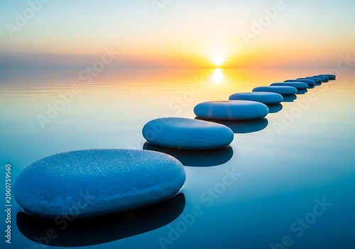 Zen stones path on calm water at sunset