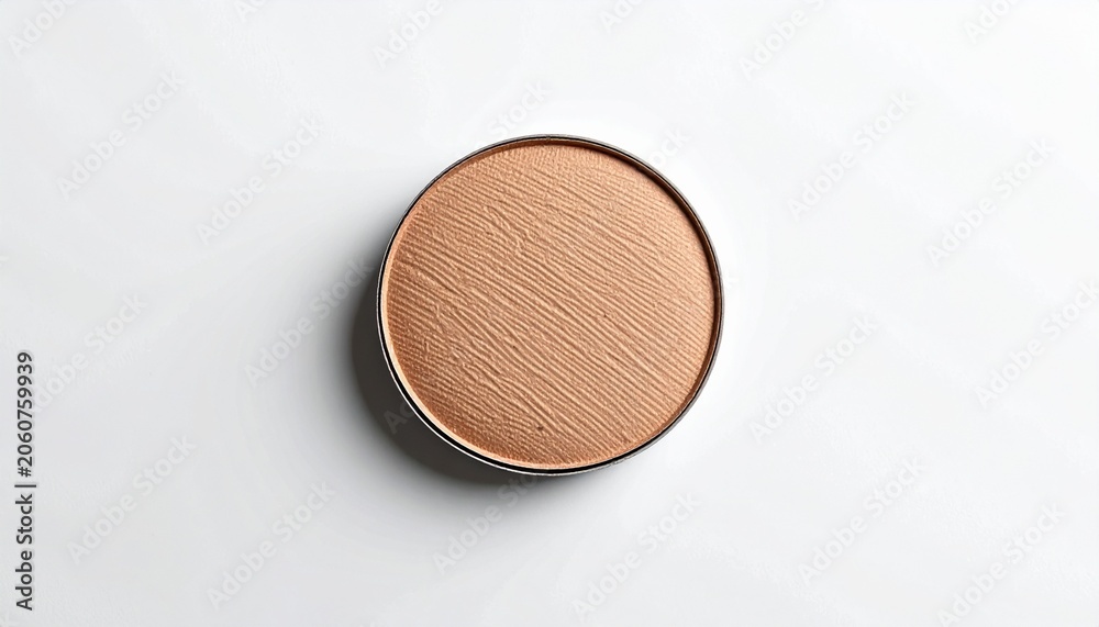 Fototapeta premium Round brown powder compact with subtle texture on white background, beauty product, makeup item