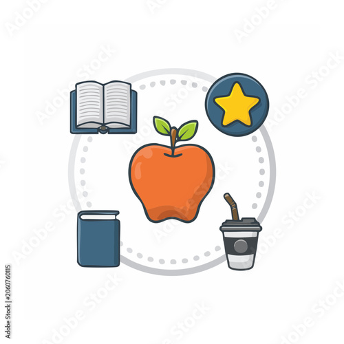 Flat Design Illustration of Apple, Books, Coffee, and Star