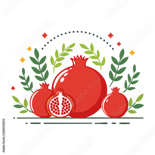 Flat design pomegranate with leaves and seeds