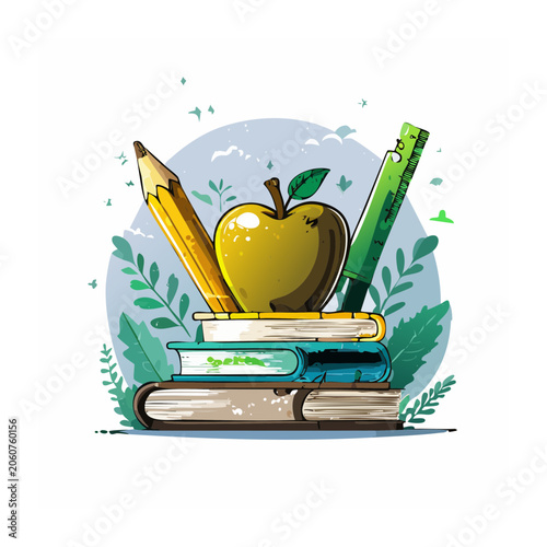 Flat illustration of school supplies with apple and books