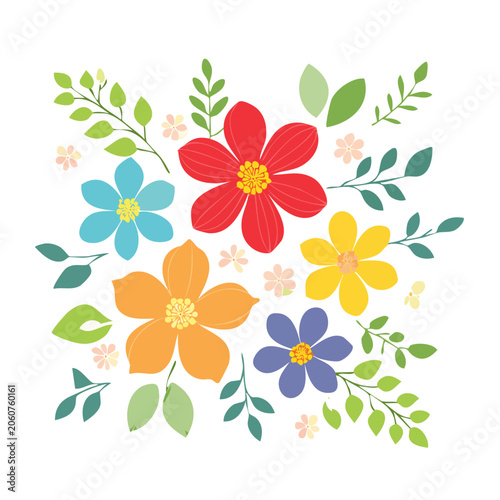 Flat floral pattern with colorful flowers and leaves