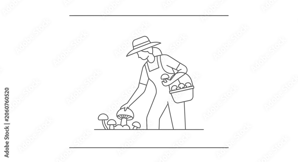 Obraz premium Woman picking mushrooms in a hat, carrying a basket, line art illustration