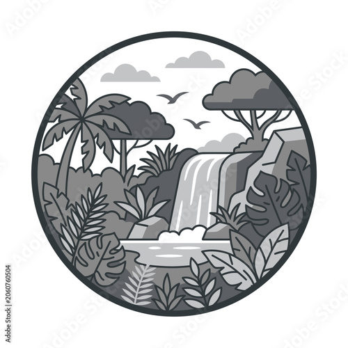 Tropical jungle waterfall landscape inside circular frame.