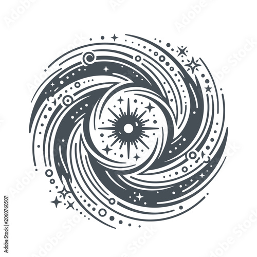 Swirling spiral galaxy celestial stars and sun line art.