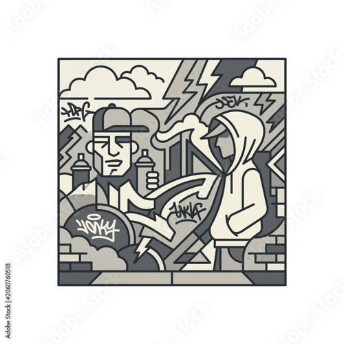 Graffiti artists in urban setting with spray cans illustration.